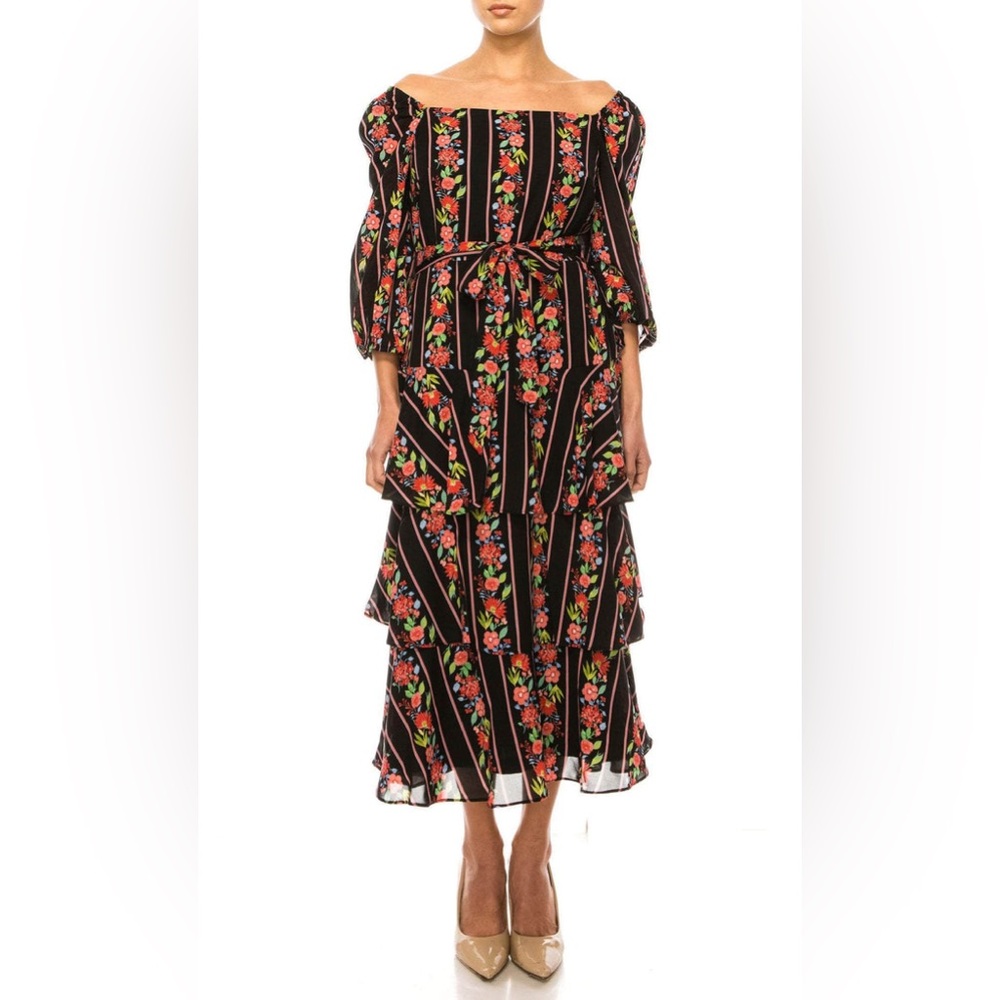Maison tara long sleeve floral ruffle tiered midi dress nwt